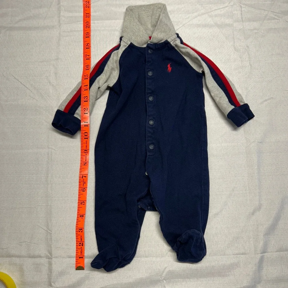 Ralph Lauren Baby Boy Navy Gray Red Stripe Footed Coverall Mock Neck 3M 60
